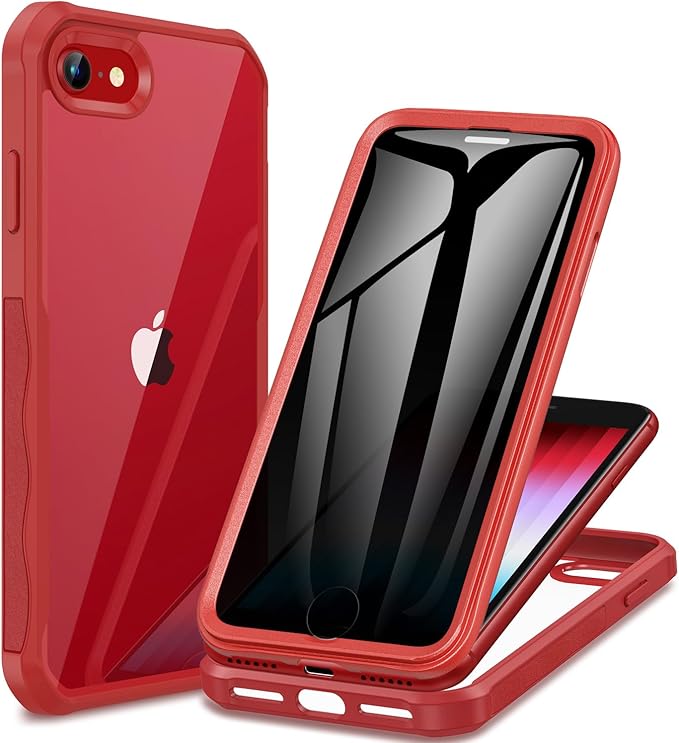 CENHUFO Privacy Case for iPhone SE 2022 3rd / iPhone SE 2020 2nd / iPhone 8/7, Full Body Phone Cover with Built-in 9H Tempered Glass Privacy Screen Protector, Anti Peep Shockproof Bumper - Red
