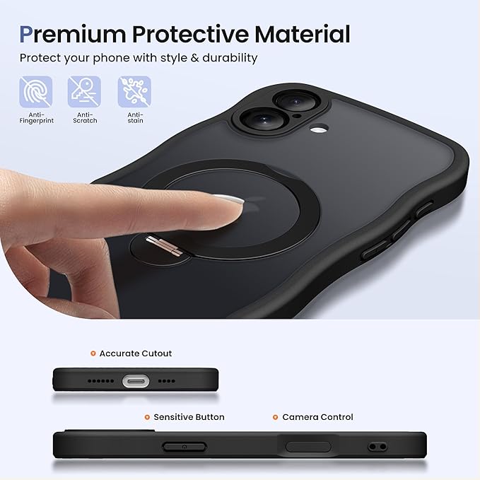 CAPRARO for iPhone 16 Case with 360° Spin Magnetic Stand for Women, [Compatible with MagSafe] [Full Camera Protection] Cute Wave Translucent Matte Case for iPhone 16, Black
