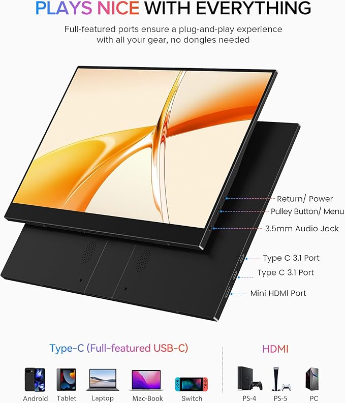 EVICIV Portable Monitor 15.6", 125% sRGB 1080P Laptop Monitor, 350 Nits, 2000:1 Contrast Ultra-Slim Display, USB-C & MINI HDMI, VESA & Case, Travel Second Screen for Computer, Mini PC, Game Consoles
