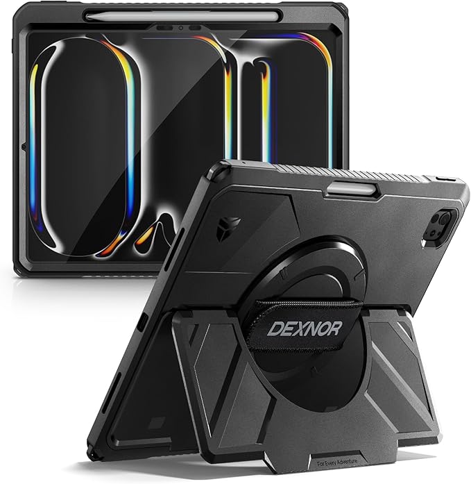 Dexnor for iPad Pro 13 inch Case M5 2025/M4 2024, Rugged Protective Case with 360° Rotating Hand Strap & Large Steady Stand & Screen Protector & Pencil Holder Shockproof Full-Body Bumper Cover,Black