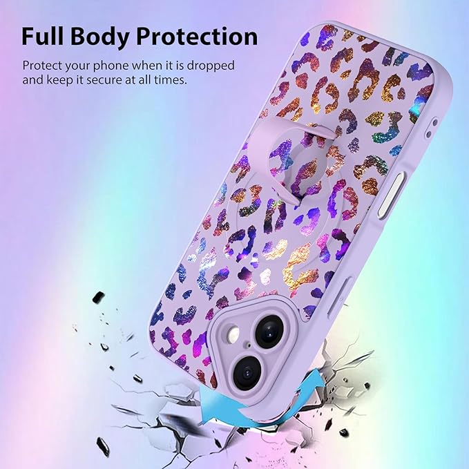 KANGHAR Compatible with iPhone 16 Case, Support for MagSafe, Silicone Cute Iridescent Leopard Cheetah Pattern, Wristband Kickstand Shockproof Protective Slim Cover for Women Girls, Purple