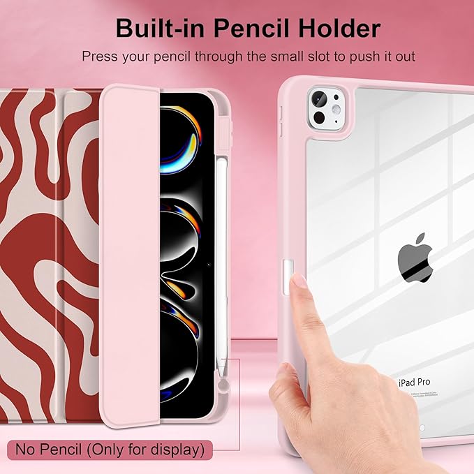 TWOLSKOO Case for iPad Pro 11-inch (M5 2025 / M4 2024), Clear Acrylic Back with TPU Bumper, Pencil Holder, Trifold Stand, Auto Sleep/Wake, Red Waves