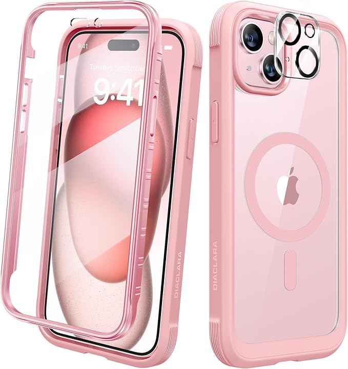 Diaclara Designed for iPhone 15 Plus Case 6.7'', [Compatible with MagSafe] Full Body Rugged Magnetic Case w/Built-in Sensitive Anti-Scratch Screen Protector+Glass Camera Lens Protector,Coral Pink