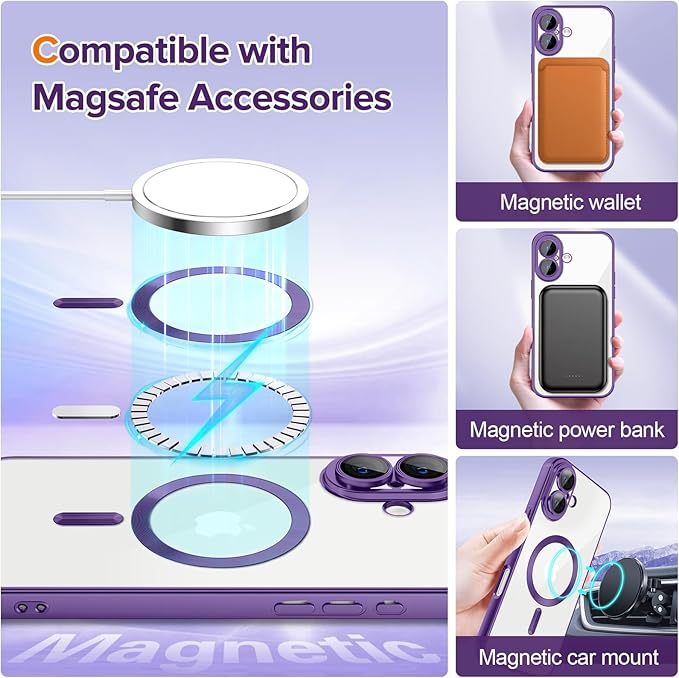 Hython Magnetic Clear for iPhone 16 Plus Case with Camera Lens Protector [Compatible with MagSafe] Luxury Plating Edge Slim Soft TPU Cover Protective Phone Case for iPhone 16 Plus, Matte Purple