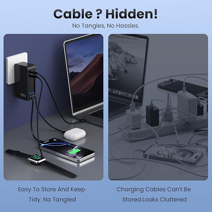 USB C Charger Block 120W with Built-in 2 Retractable Cables,4-in-1 GaN IV Charger Fast Charging Foldable Plug Wall Charger,PD 65W Laptop Charger for MacBook,iPad,iPhone 17/16/15/14,Galaxy,Android etc