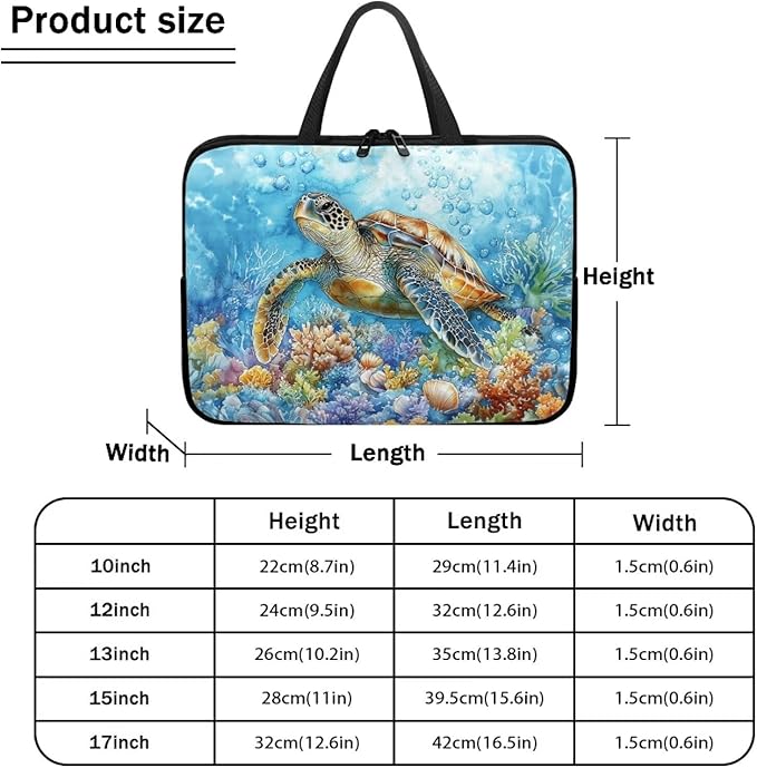 10 Inch Turtle Pattern Laptop Sleeve, Laptop Cover Computer Tablet Carrying Case with Handle, Lightweight Waterproof Tote Bags Notebook Sleeves for Men Women