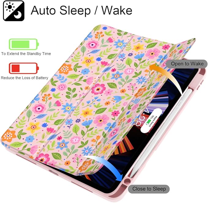 May Chen Case for iPad Pro 11-Inch M5/M4 2025/2024 (6th/5th Generation), Clear Transparent Print Back Shell Slim Stand Shockproof Tablet Cover, Auto Wake/Sleep, Small Flowers