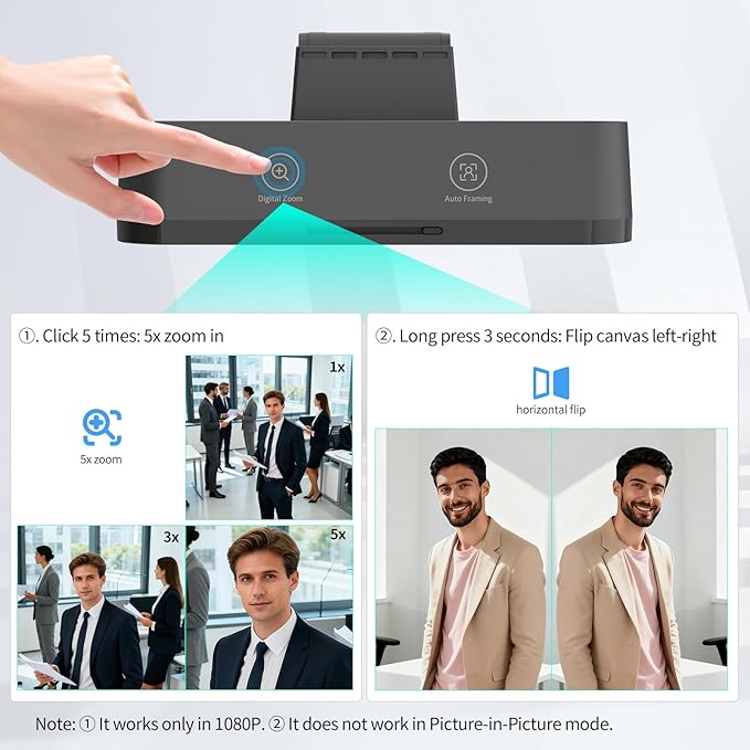 4K Webcam for PC, 8MP USB Webcam with Dual Noise-reducing Microphones, Picture-in-picture, Auto Framing, 5X Zoom, 92° Wide FOV, Auto Light Correction, Perfect for Conference, Video Callings, Streaming