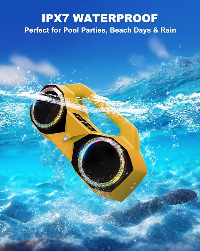 OZJ Bluetooth Speaker 80W(Peak) Loud with Bass, 20H Playtime, IPX7 Waterproof, RGB Lights, TWS, Large Portable Wireless Speakers for Outdoor, Home, Party, Pool, Beach, Tailgating, Gym, Work (Yellow)