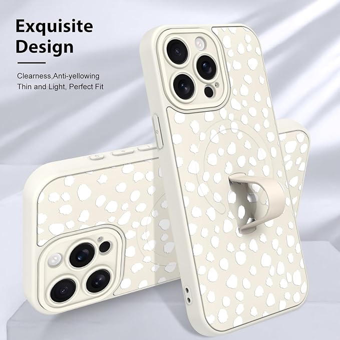 KANGHAR Compatible with iPhone 15 Pro Case, Support for MagSafe, Silicone Speck Leopard Cute Pattern, Wristband Kickstand Camera Protection Soft Slim Cover for Girls Women -White