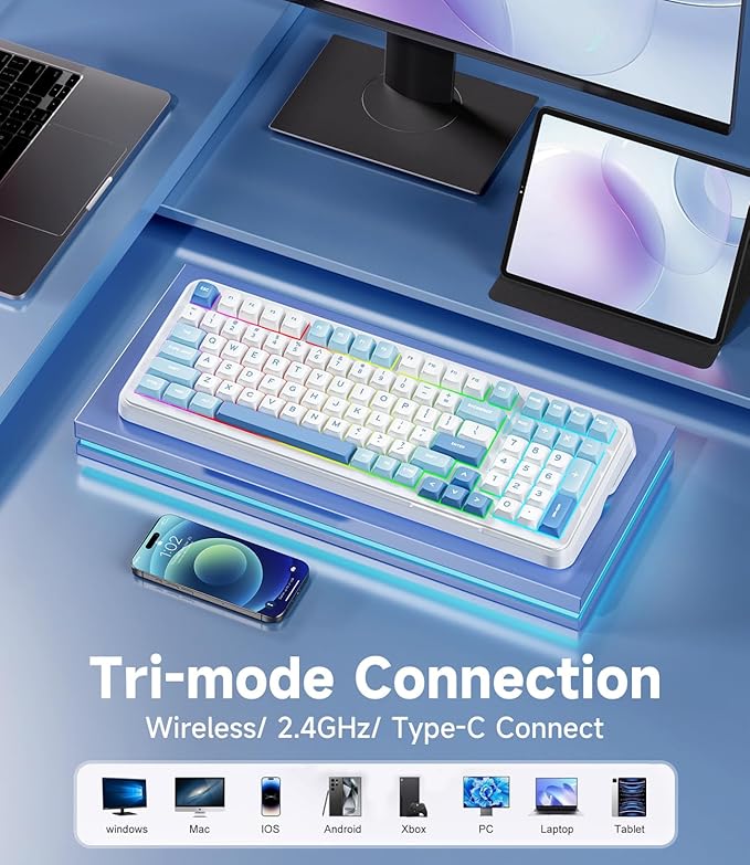 MCHOSE K99 98% Wireless Mechanical Keyboard, Tri-Mode Connection, Compact Gaming Keyboard with Six-Layer Padding Gasket, RGB Backlit,Hot Swappable Custom Keyboard for Mac/PC
