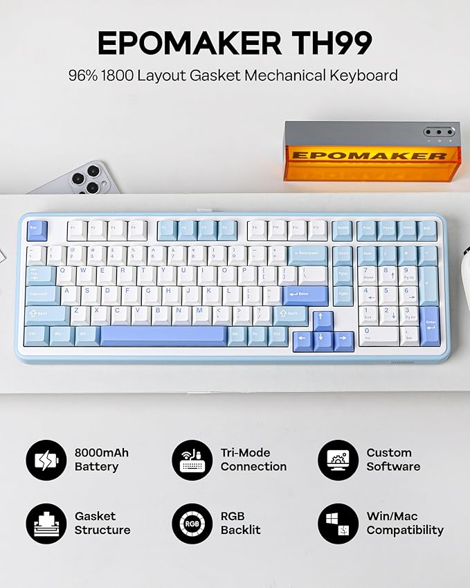 EPOMAKER TH99 Tri-Mode Wireless Mechanical Keyboard with 8000mAh Battery, Hot Swappable Custom RGB Gaming Keyboard with Numpad, Gasket Creamy for PC/Mac/Office (Blue&White, Creamy Jade)