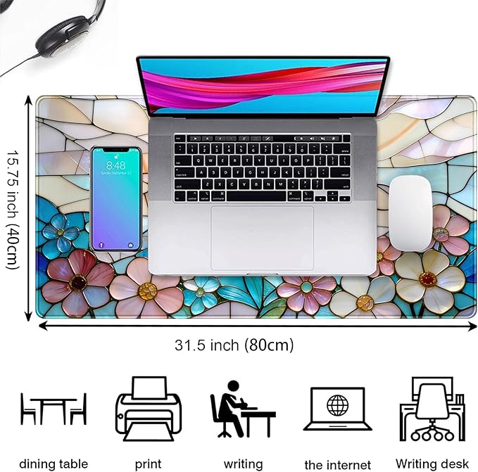 Stained Glass Desk Mat Large Mouse Pad Extended Desk Pad, Gaming Computer Mouse Mat XXL, Big Desktop Keyboard Mat, Full Desk Laptop Pad for Home Office Work, Desk Decor Aesthetic 31.5×15.7 Inch