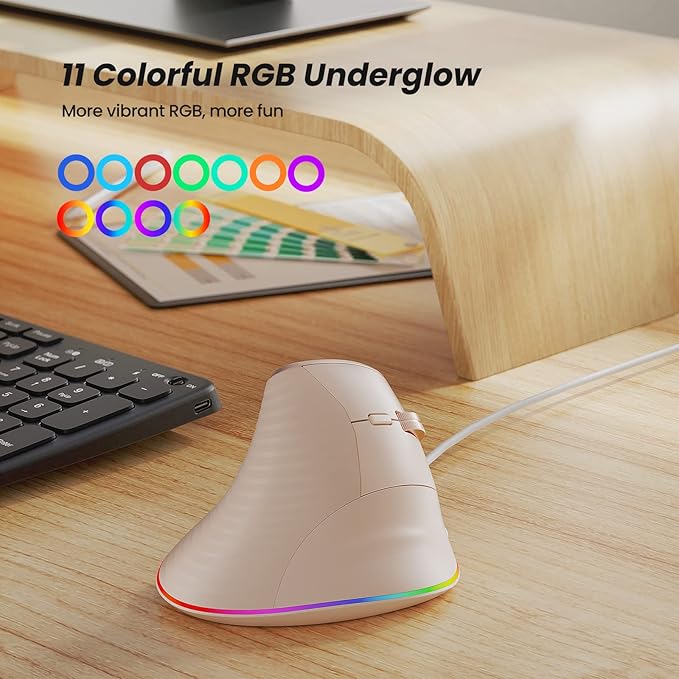 Nulea M504 Wired Vertical Mouse, USB Ergonomic Optical Mouse with 4 Adjustable DPI, 11 RGB Backlight Modes, Compatible for Laptop, PC, Desktop, Mac, Pink
