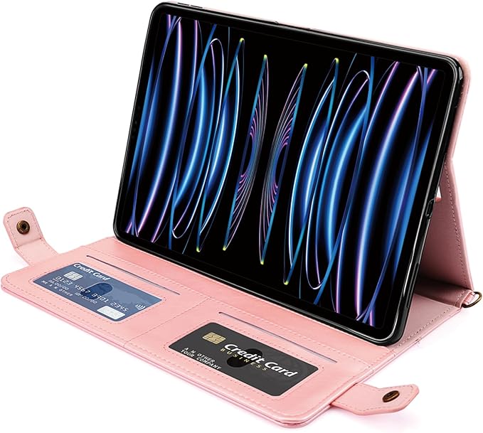 Case for iPad Pro 11 2022/2021/2020, iPad Air 11 2025/2024/2022/2020, Techcircle Smart Folio Stand PU Leather Cover w/Hand Strap/Pencil Holder/Card Slots/Envelope Pocket Wallet Case, Rose Gold