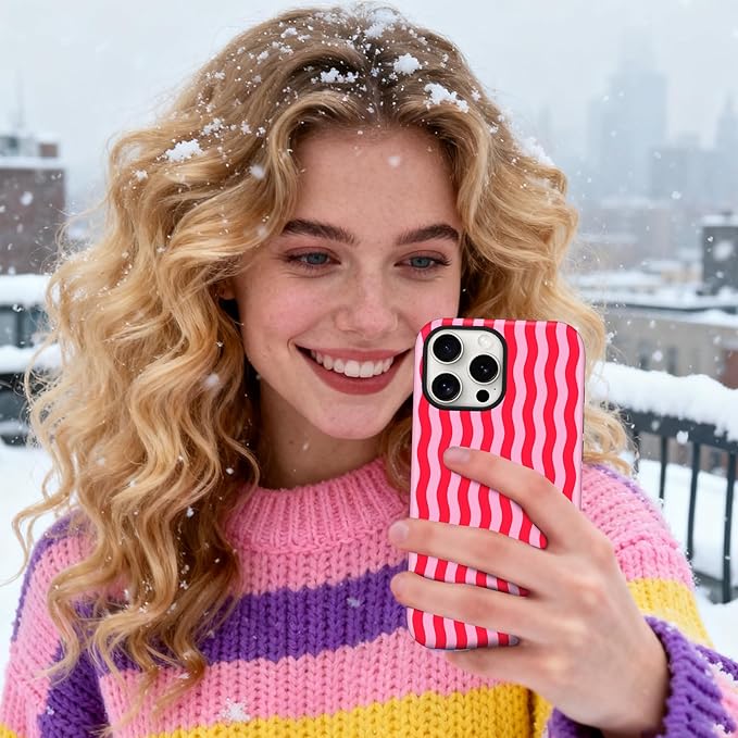 Magnetic for iPhone 14 Pro Max Case Cute Wavy Stripes Phone Case, Shockproof Slim TPU and Hard PC Protective Phone Cover Compatible with MagSafe Designed for Women Girls, Red