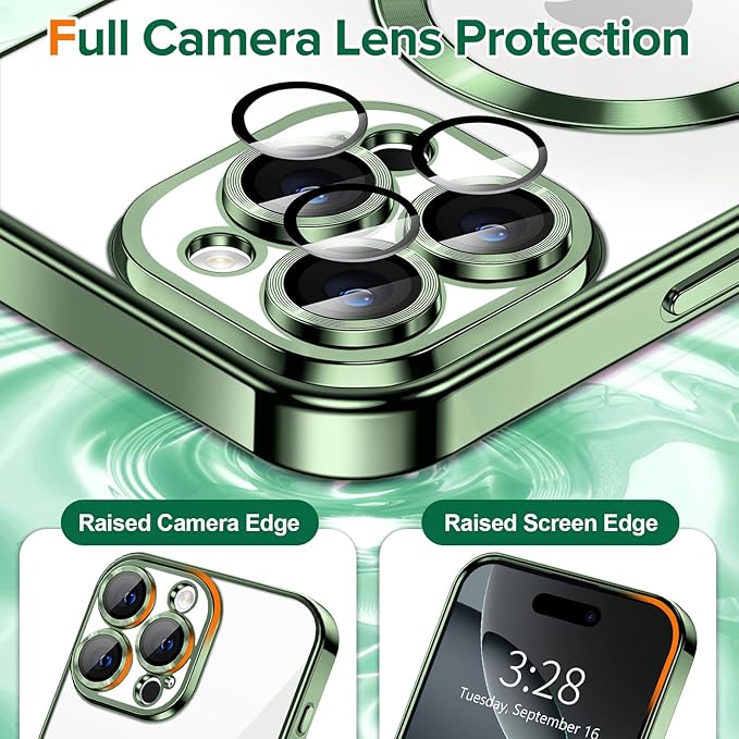 Hython Magnetic Clear for iPhone 16 Pro Max Case with Camera Lens Protector [Compatible with MagSafe] Plating Edge Slim Soft TPU Cover Protective Phone Case for iPhone 16 Pro Max 6.9", Deep Green