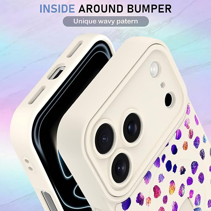 KANGHAR Compatible with iPhone 17 Pro Case, Support for MagSafe, Silicone Cute Iridescent Pattern Leopard Print Cheetah, Wristband Kickstand Shockproof Soft Slim Cover for Girls Women, White