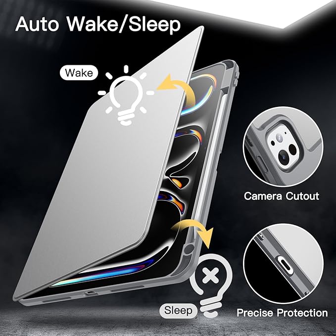 JETech Rotating Case ONLY for iPad Pro 11-Inch M5/M4 2025/2024 (6th/5th Generation) with Pencil Holder, 360 Degree Rotation Protective Stand Cover Clear Back, Auto Wake/Sleep (Silver)