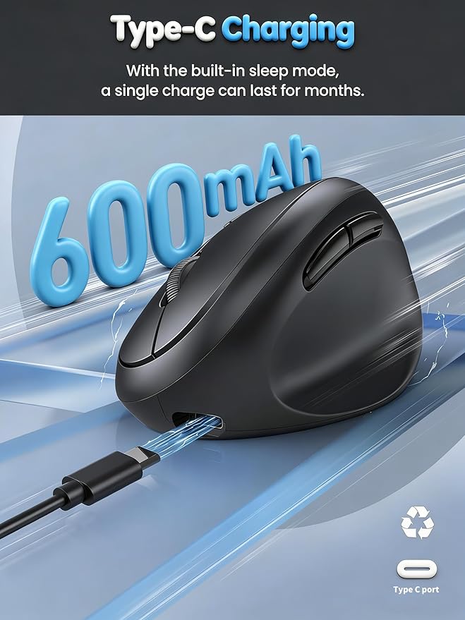 Ergonomic Mouse, Bluetooth Wireless Vertical Mouse, Rechargeable Battery, Quiet Clicks, DPI Adjustable, BT5.0/3.0 & 2.4G Connect, Easy to use, Wide Compatibility (Black)