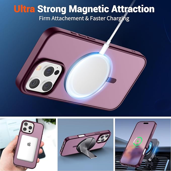 SUPFINE Magnetic for iPhone 16 Pro Case (Compatible with MagSafe) (Military Grade Drop Protection) Slim Translucent Matte Shockproof with Anti-Fingerprint Phone Case,Wine Red
