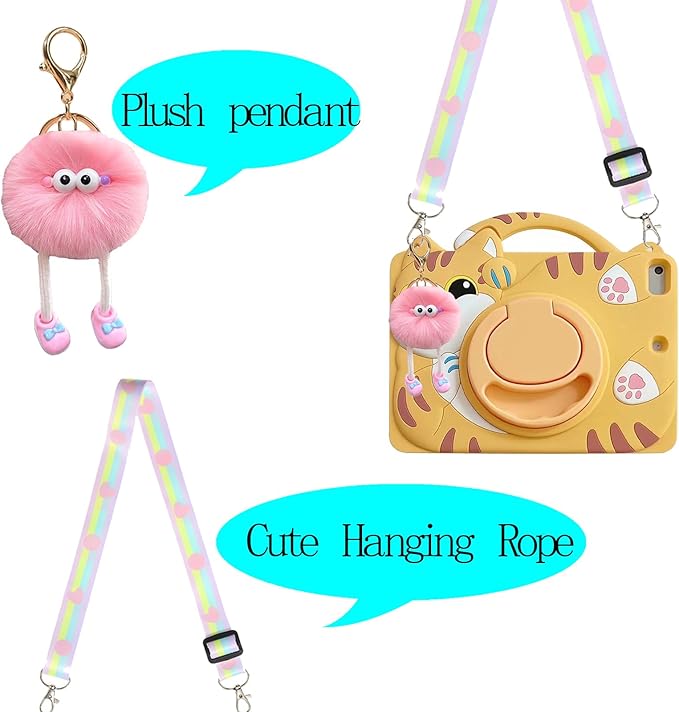 3D Cute Vivid Cat Case for iPad Pro 11 inch 2024 M4(5th Gen),Kawaii Cartoon Character Pretty Cat Soft Silicone Rotating Stand Case with Lanyard for Kids Teens Girls Women