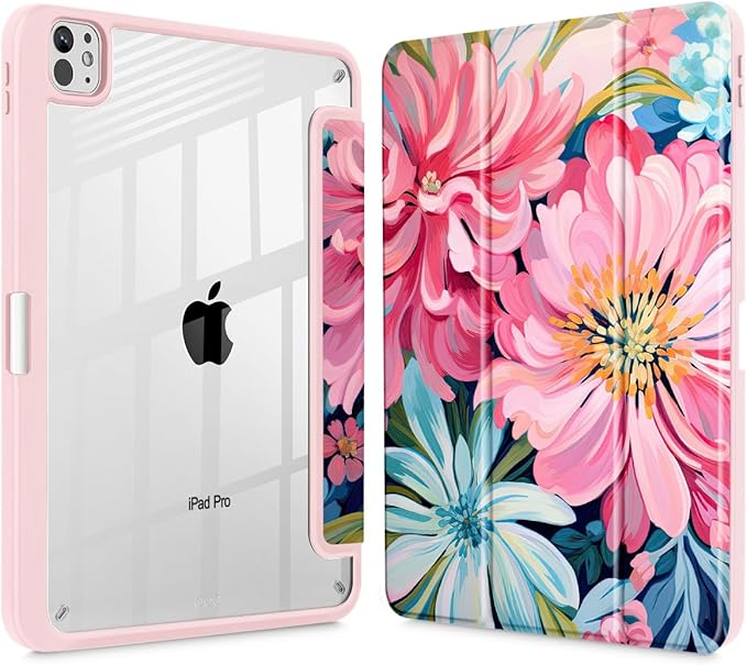 May Chen Case for iPad Pro 11-Inch M5/M4 2025/2024 (6th/5th Generation), Clear Transparent Print Back Shell Slim Stand Shockproof Tablet Cover, Auto Wake/Sleep, Flowers Painting