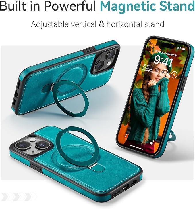 for iPhone 14 Case with Stand Compatible with Magsafe Slim PU Leather & Durable TPU Drop Proof Magnetic Kickstand Protective Phone Cover with Tempered Glass Screen Protector 6.1", Turquoise