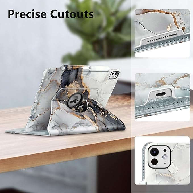 Fintie Rotating Case for iPad Pro 13-inch (M5) 2025 / (M4) 2024 with Pencil Holder - 360 Degree Swiveling Protective Stand Cover with Auto Wake/Sleep, Cloudy Marble