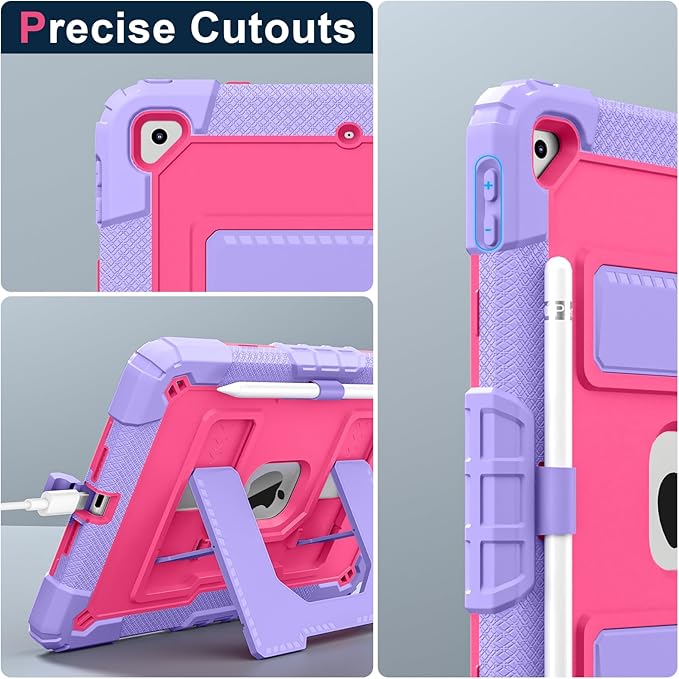 Kids Friendly Case for Apple iPad 10.2" 9th 8th 7th Generation 2021/2020/2019 Case with Pencil Holder & Shoulder Strap, Military Grade Shockproof Kickstand Hard Shell Protective Cover,Rose+Purple