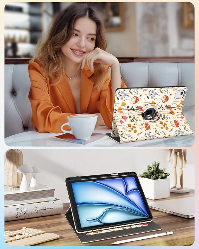 Kidcube for iPad Air 11 Inch Case M3/M2, Air 5th/4th Generation Cases 10.9'', Pro 11'' 2020 - Women Girl Aesthetic Cute Rotating Stand Folio Cover with Pencil Holder & Card Slot Mushroom Flowers