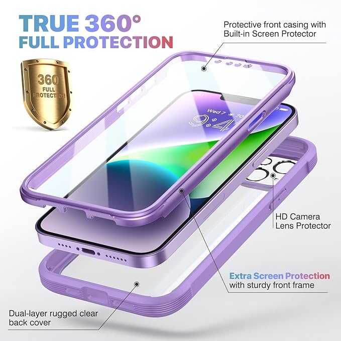 Diaclara Designed for iPhone 14 Case, Full Body Rugged Case with Built-in Touch Sensitive Anti-Scratch Screen Protector, with Camera Lens Protector for iPhone 14 6.1" (Peri Purple)