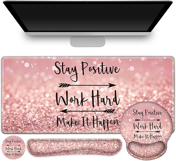 ToLuLu Desk Mat, XXL Large Mouse Pad Wrist Support Set，4 in1 Gaming Mousepad Desk Pad+ Ergonomic Mouse Pad with Wrist Rest + Keyboard Wrist Rest+Coaster for Women Home Office Table, Pink Stay Positive