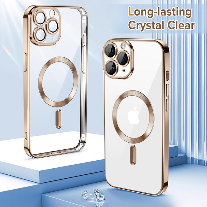 Hython Magnetic Clear for iPhone 11 Pro Case with Camera Lens Protector [Compatible with MagSafe] Luxury Plating Edge Slim Soft TPU Cover Protective Phone Case for iPhone 11 Pro 5.8", Desert Brown