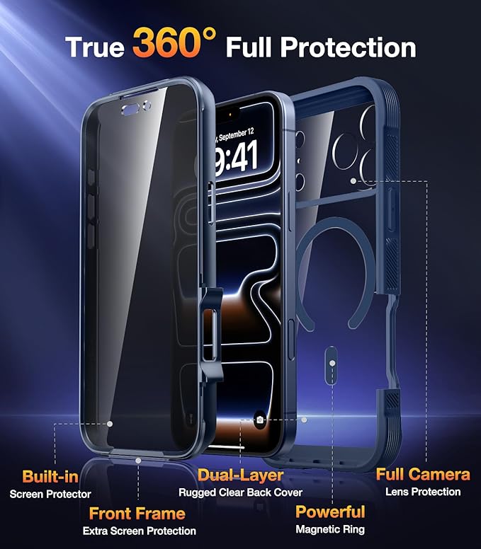 Diaclara Magnetic Designed for iPhone 17 Pro Case 6.3'' [Full Camera Protection] Full Body Bumper,[Compatible with MagSafe] Phone Case w/Built-in Privacy Screen Protector,Deep Blue