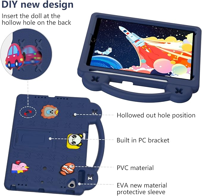 AKABEILA Compatible with Apple iPad 7 2019 10.2/iPad 8 2020 10.2/iPad 9 2021 10.2/iPad Pro 10.5 2017/iPad Air 3 2019 10.5 Tablet Case, Kids Case with Shoulder Strap & Stand Handle & Pen Tray Navy Blue