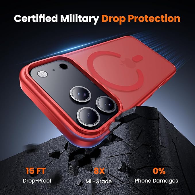 toushion 3 in 1 for iPhone 17 Pro Max Case Matte Red,Fits MagSafe, Screen Protector*1 Camera Lens Protector*1,Matte Skin Feeling Back, Cover Military-Grade Protection