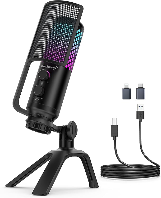 ZealSound Podcast Microphone for PC/Mac/iPhone/Phone – 96kHz/24bit USB Condenser Mic with Noise Reduction, Tap-to-Mute, Gain Control, Zero-Latency Monitor, RGB Light for Streaming, Gaming, Recording