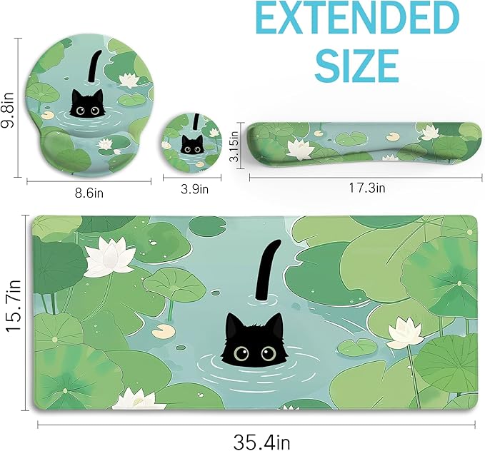 Blusabaca Mouse Pad Desk Pad, Cat Lotus Leaf Desk Mat Large Gaming Mouse Pad with Wrist Rest Cute, Keyboard Pad Wrist Rest Ergonomic, Cup Coaster, Work Home Accessories Office Supplies Decor