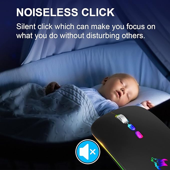 HOTLIFE LED Wireless Mouse, Slim Rechargeable Silent Portable USB Optical 2.4G Wireless Bluetooth Two Mode Computer Mice with USB Receiver and Type C Adapter (Black)