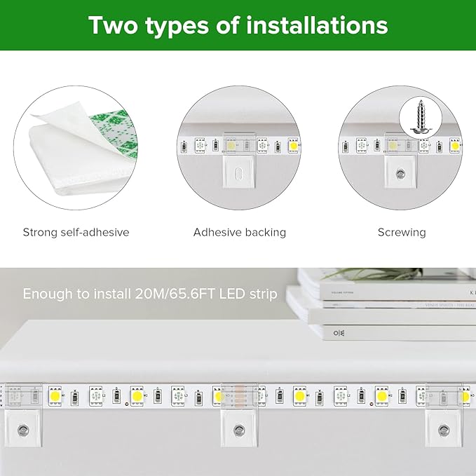 TYMXGHF transparent Strip Light Clips,Self Adhesive with Screws Mounting Holder,20Pcs LED Strong Fixing Clips And Screws For 0.47in/12mm Width IP30/65/ip67 2-6PIN Strip Lights,Fairy String,LED String