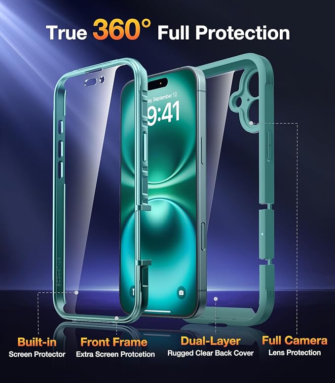 Diaclara Designed for iPhone 16 Plus Case 6.7 Inch,Upgraded [Full Camera Protection] Full Body Rugged Clear Bumper Case w/Built-in Screen Protector for 16 Plus,Teal
