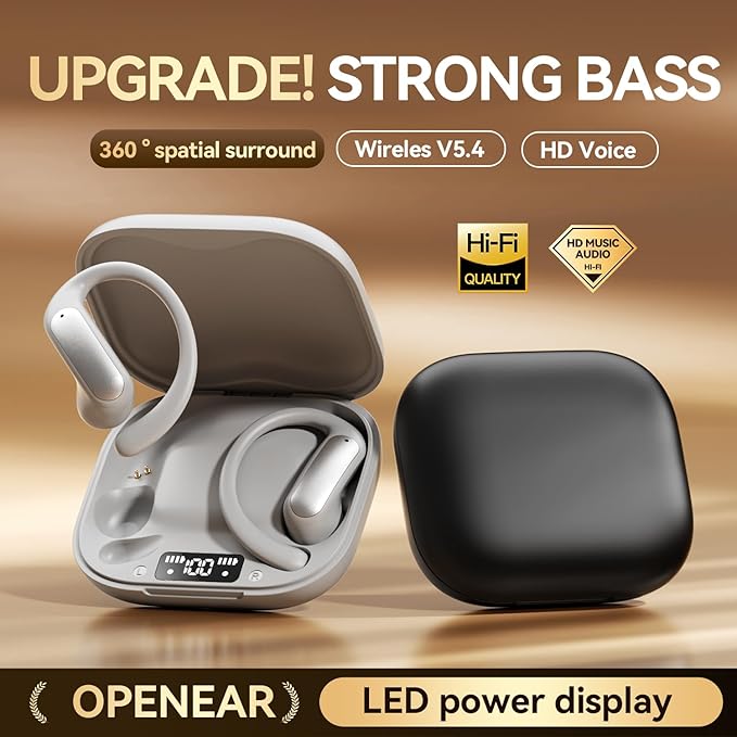 TINGER Open Ear Bluetooth Headphones 5.4 - IPX5 Waterproof Wireless Sports Earbuds,18H Playtime with Digital Power Display, Ultra-Light Weight Design for Cycling/Running/Gym (Black)