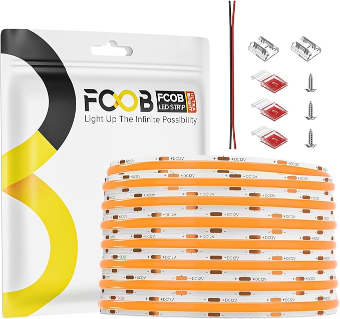 COB Orange LED Strip Light DC12V Flexible High Density Uniform Bright 480LEDs/m Strips 16.4FT CRI90+ 8MM Width Dimmable COB LED Tape for Cabinet Indoor Decor(No Adapter/Controller)