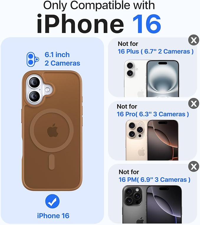 Magnetic for iPhone 16 Case, [Compatible with MagSafe][Military-Grade Drop Protection][Anti-Yellowing] Shockproof Protective Translucent Matte Cover for iPhone 16 Phone Case,Brown