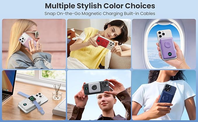 Magnetic Portable Charger for MagSafe with Built-in Cable, iWatch Charger, 10800mAh Wireless Power Bank Travel Essentials, 25W PD Fast Charging Battery Pack for iPhone 17/16/15/14/13,Apple Watch-White