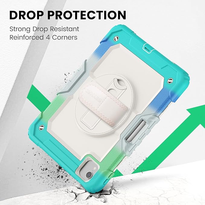 SEYMAC Case for iPad Air 5th/ 4th Generation 10.9", Full-Body Shockproof Protective Case with Screen Protector, Rotating Stand/Handle/Shoulder Strap/Pencil Holder for iPad Air 5/ Air 4, Colorful/Blue