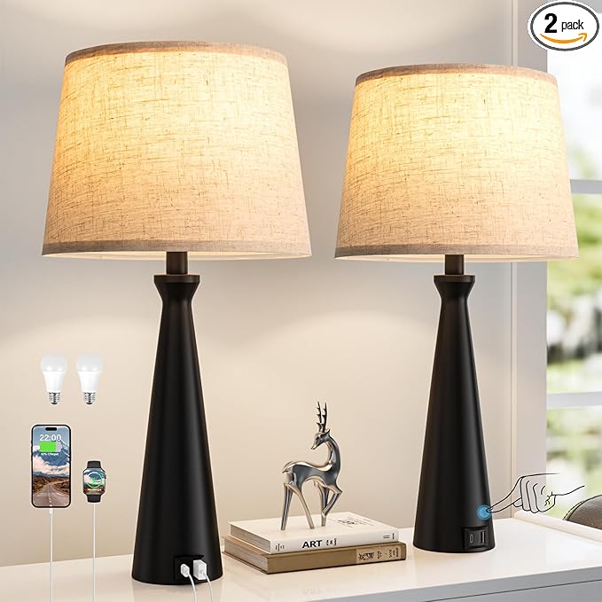 Seealle Modern Table Lamps Set of 2 - Touch Bedside Lamp for Nightstand with Dual USB C+A,3-Way Dimmable Nightstand Lamps for Living Room Bedroom End Table with Beige Shade(Bulb Included)