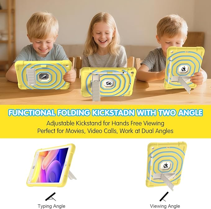 SIBEITU Kids Case for iPad 9th Generation/ 8th Gen/ 7th Gen with Pencil Holder & Stand, Fully-Body Hybrid Shockproof Rugged Drop Protective Cover for iPad 10.2 inch 2021/2020/2019 (Yellow Blue)