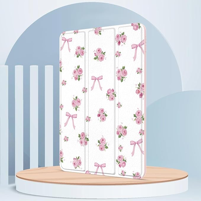 Case for iPad 9th / 8th / 7th Generation (2021/2020/2019) 10.2 inch, Case with Pencil Holder, Stand Clear Back Cover Cute Cool Design for Women Girls, Auto Sleep/Wake, Bow Rose